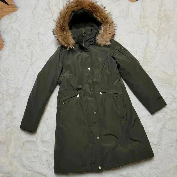 Michael Kors Knee Length Insulated Parka Jacket Coat Olive Green Racoon Hood Fur - Picture 3 of 13